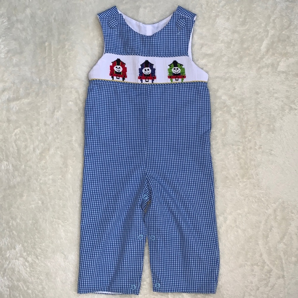 SmockaDot Kids Baby Boys Check Smocked Train Romper Size 3M